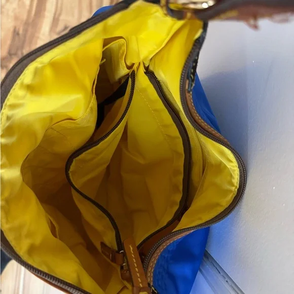 Dooney & Bourke Large Erica Top Handle Shoulder Bag Leather Trim Blue Gold - Picture 2 of 4